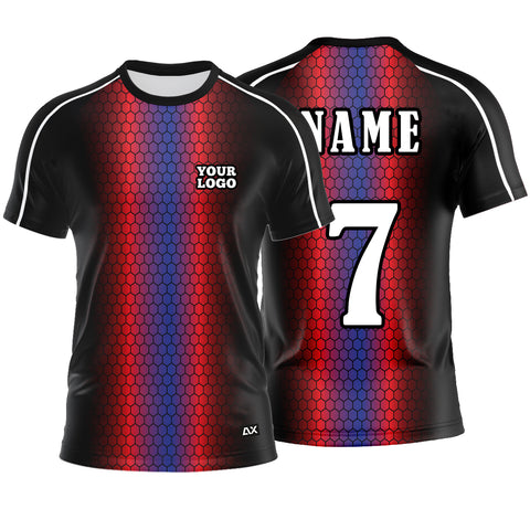 Customized The Pitch in Style and Comfort with This High-Quality "Black, Red, Navy Blue and White Strips Football Sports Jersey" - Performance Edition