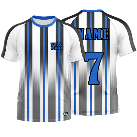 Customized The Competition and Dominating the Game with Fearless Force "White, Grey, Black and Blue Strips Football Sports Jersey - Performance Edition