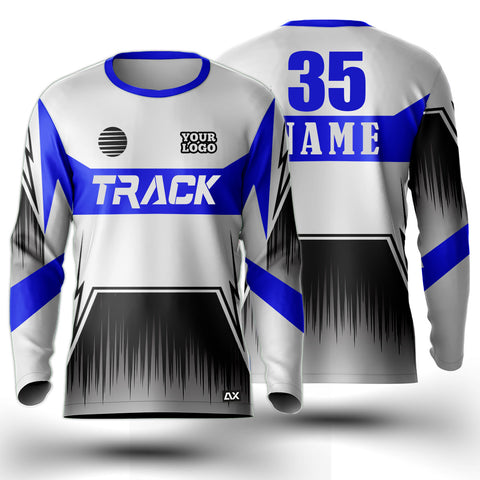 Customized Active Wear Biker Jersey for Men - jersey combination of  white and blue with black shades  Abstract Design - Performance Edition.