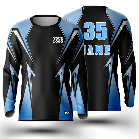 Customized A Title Only Deserving of Our Men's Jersey "Black, Blue, Grey and White Strips Riding Sports Jersey" - Performance Edition