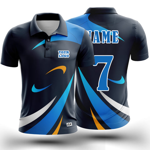 Customized The Fierce and Unstoppable Champions of the Field Cricket Wear "Black, Blue, White and Orange Strips Sports jersey" - Performance Edition