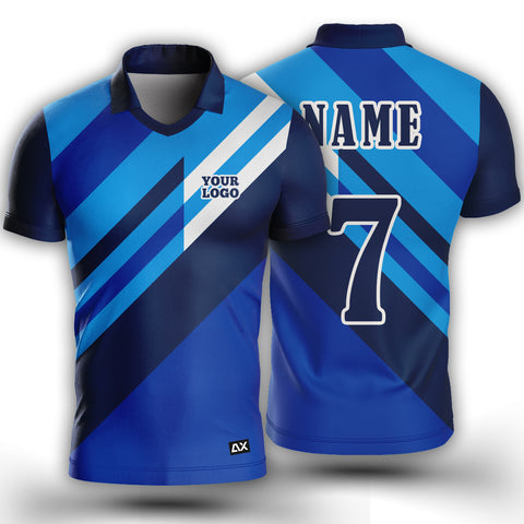 Customized The Elite Bodybuilding with Flexing for the Win "Royal Blue, White, Sky Blue and Black Strips Cricket Sports Jersey" - Performance Edition