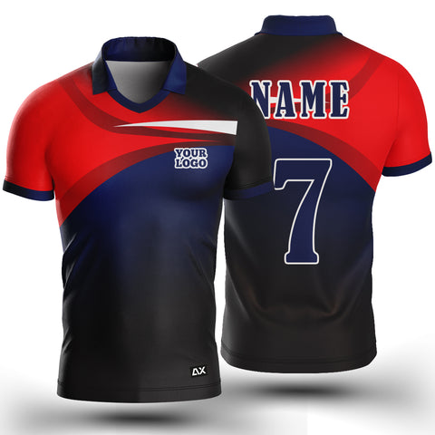 Customized The Art of Athletics that Blending Form and Function "Red, White and Royal Blue Strips Cricket Sports Jersey" - Performance Edition