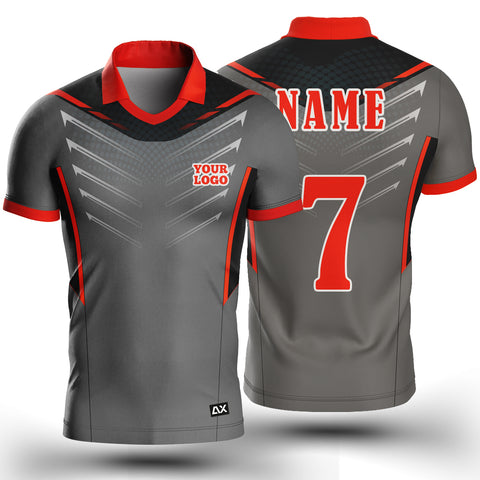 Customized The Striking and Dynamic That Says It All Forces "Grey, Red, White and Black Strips Cricket Sports Jersey" - Performance Edition