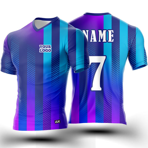 Customized A Tale of Victory in Our Fearsome "Royal Blue, Sky Blue and Violet Strips Football Sports Jersey" - Performance Edition