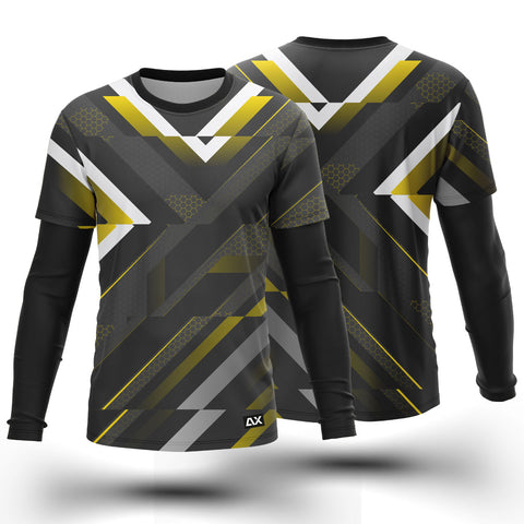 Customized Riding to Victory with Rule the Road "Black with Grey, Yellow, and White Strips Sports Jerseys" - Performance Edition