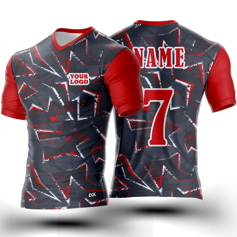 Customized Sports Wear V-neck Half Sleeves T-shirt for Men - Red & Grey Abstract Design - Performance Edition