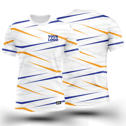 Customized Active Wear Tennis Jersey for Men - jersey white with blue and yellow stripes  Abstract Design - Performance Edition.